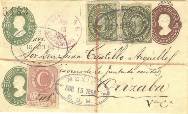Certified letter on Hidalgo postal stationery and extra postage using Hidalgo Medallion stamps